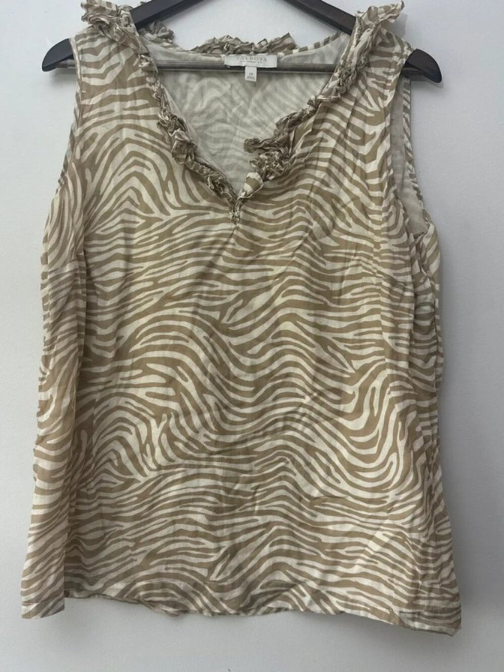 Talbots Woman Plus Size 2X Zebra Print Sleeveless Ruffle Neck Cotton Blouse Tan
